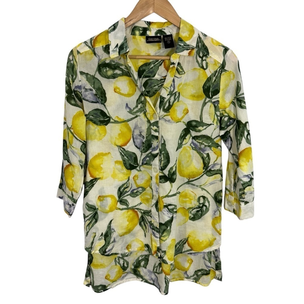 Sara Studio Cotton Lemon Button Up Shirt Womens S Yellow Summer Top Tunic EUC